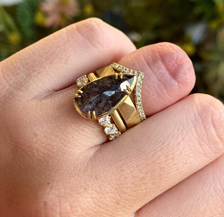 SIGNATURE PRONG RING WITH BLACK RUSTIC PEAR DIAMOND