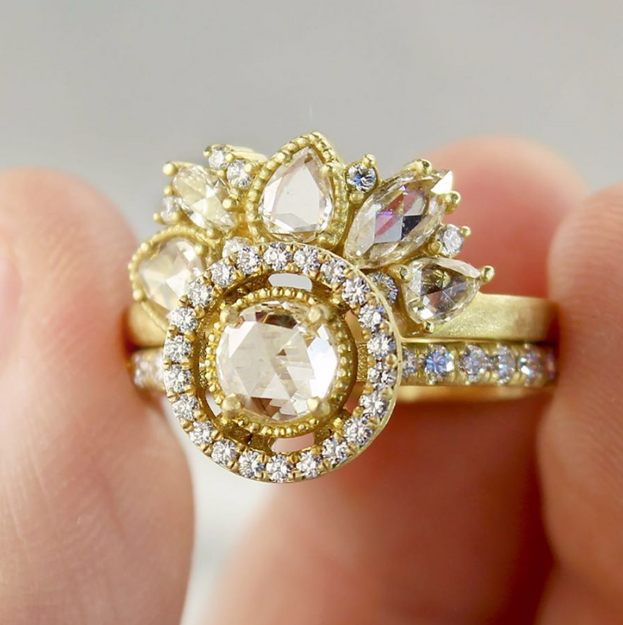SIGNATURE ROSE CUT HALO RING WITH PAVE SHANK