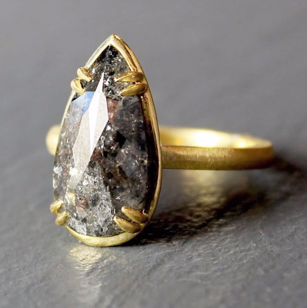 SIGNATURE PRONG RING WITH BLACK RUSTIC PEAR DIAMOND